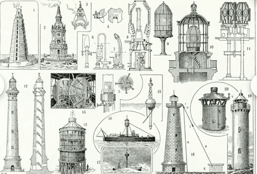 Vintage lighthouse illustrations and architectural designs on a textured background.