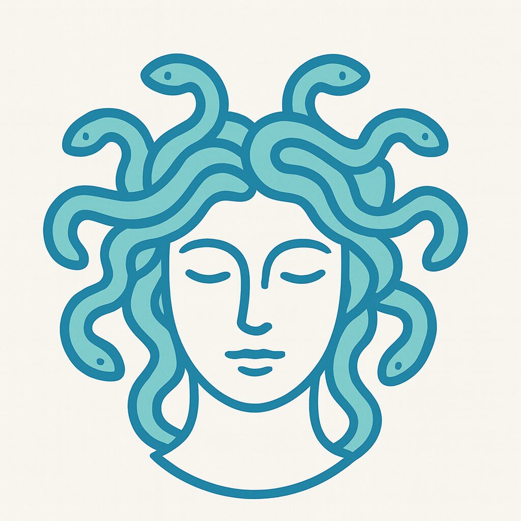 Stylized blue illustration of Medusa with snakes for hair.