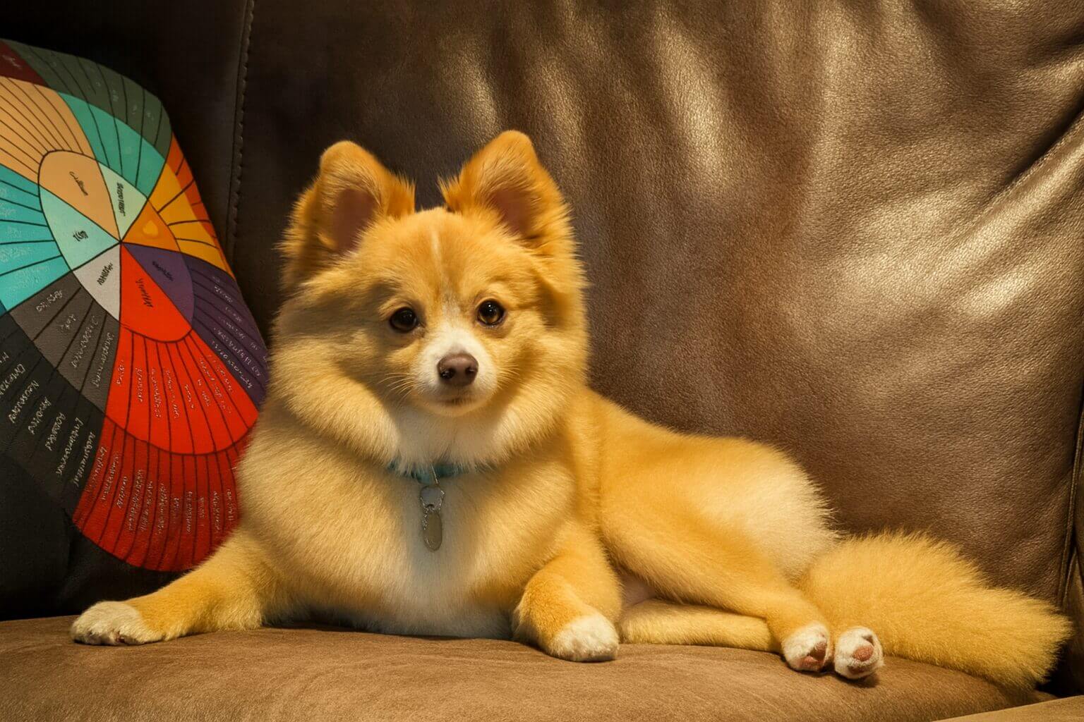 A fluffy dog lying on a brown couch.
