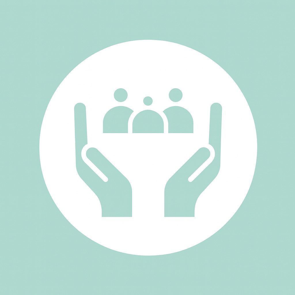 Hands cradling a group of three people, symbolizing care and support.